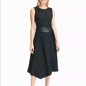 NWT Faux Leather Buckled Ponte Midi A-Line Dress